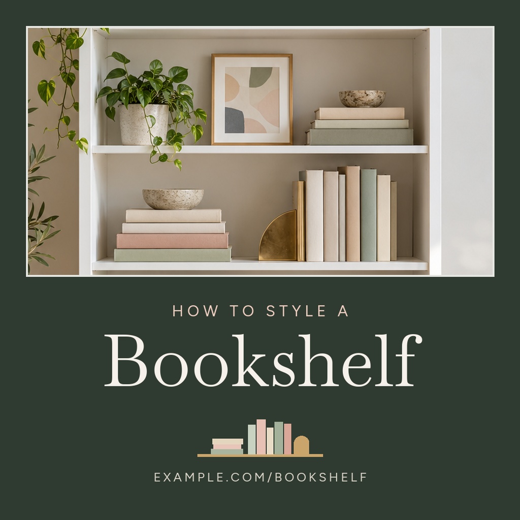 Square design with a styled bookshelf photo and text reading how to style a bookshelf.