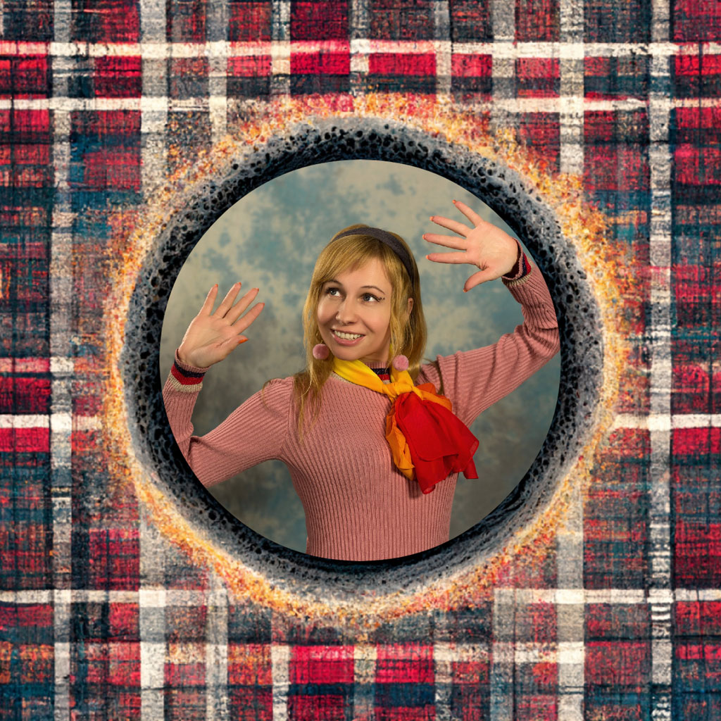 Smiling blonde woman with a red and yellow scarf on a plaid background