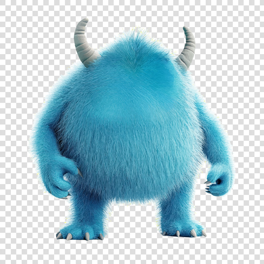 A blue furry monster with two horns and a friendly demeanor.