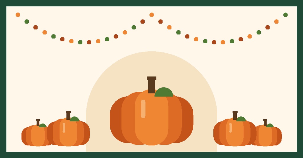 Three orange pumpkins on a cream background with a hanging row of autumn bunting.