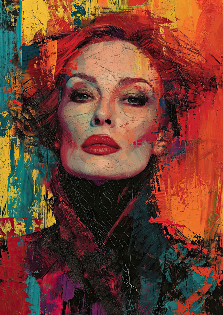 A vibrant portrait of a woman with red hair against a colorful background.