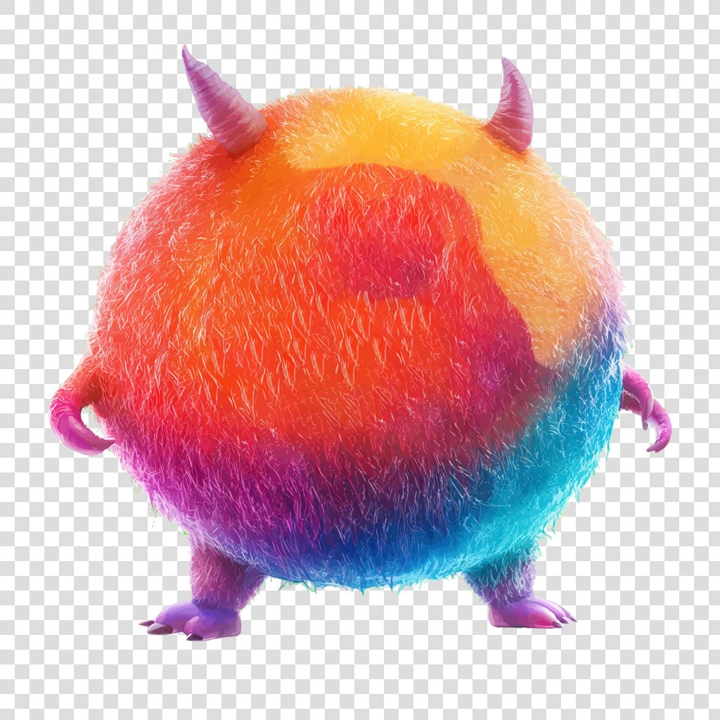 A round, fluffy monster with a gradient of orange, pink, and blue fur, and two small horns.