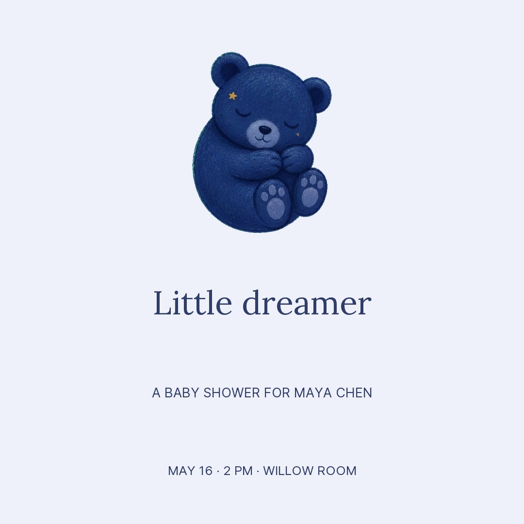 Blue teddy bear above the words Little Dreamer on a soft square invitation design.