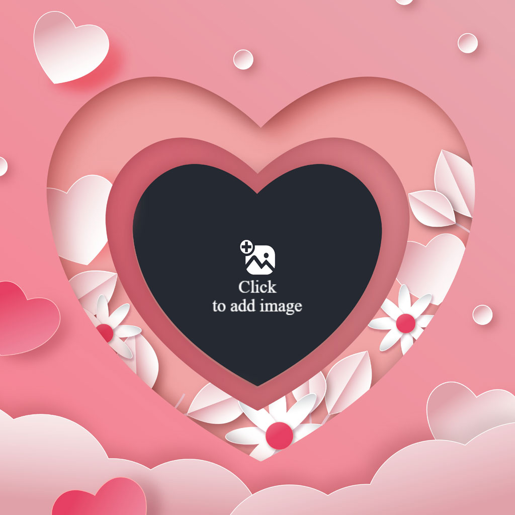 A layered heart design with white flowers and a black center on a pink background.