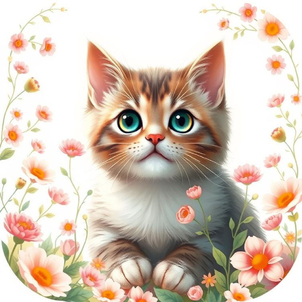 A cute kitten with blue eyes and orange fur sitting among pink and orange flowers.