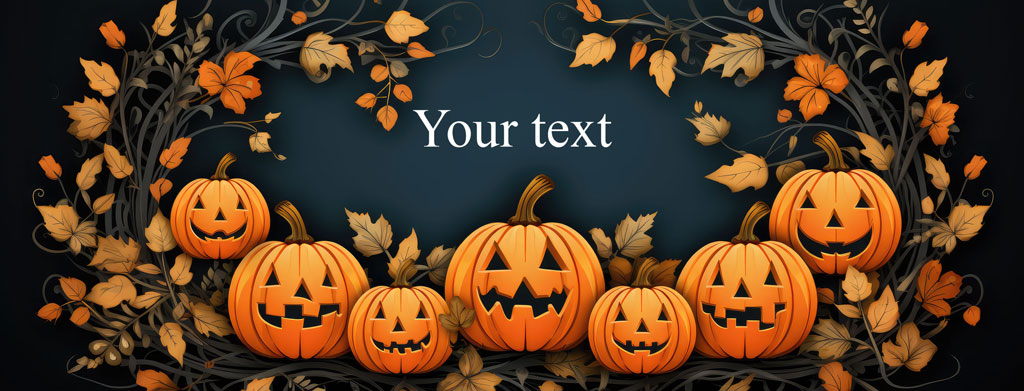 Carved pumpkins and autumn leaves on a dark background