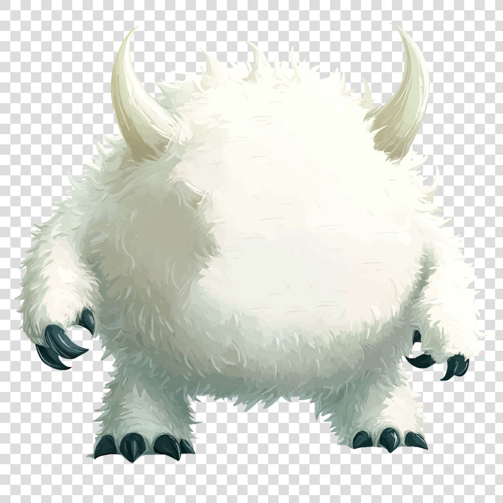 Illustration of a white, furry creature with horns and sharp claws