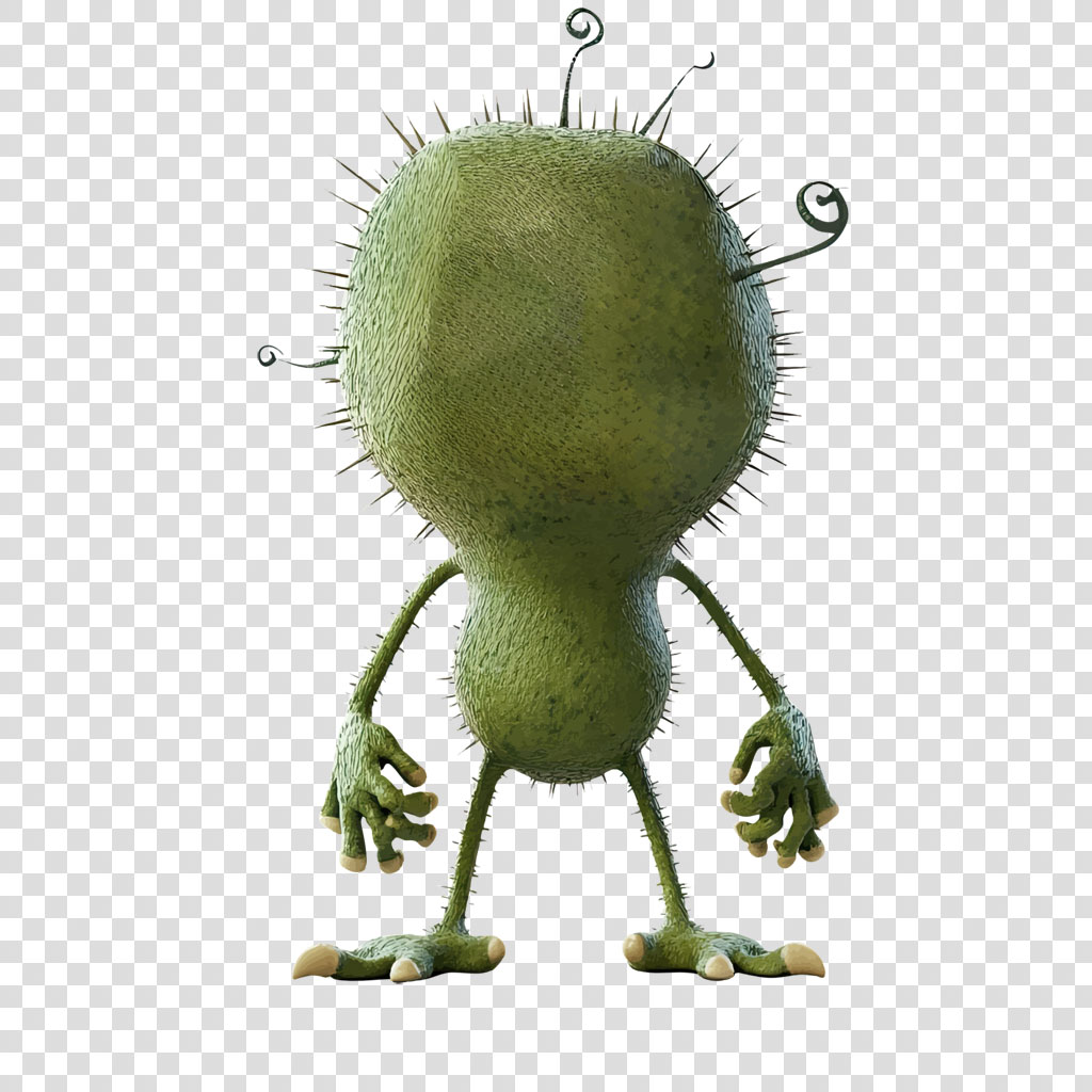 A green microbe with a spiky texture and curled antennae on its head.