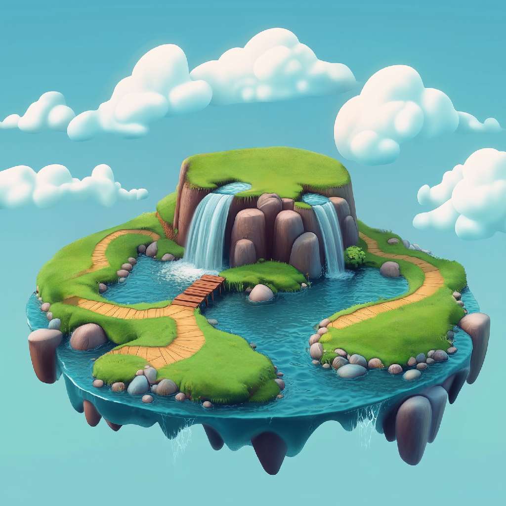 A cartoon-style illustration of a floating island with a central waterfall and surrounding greenery.