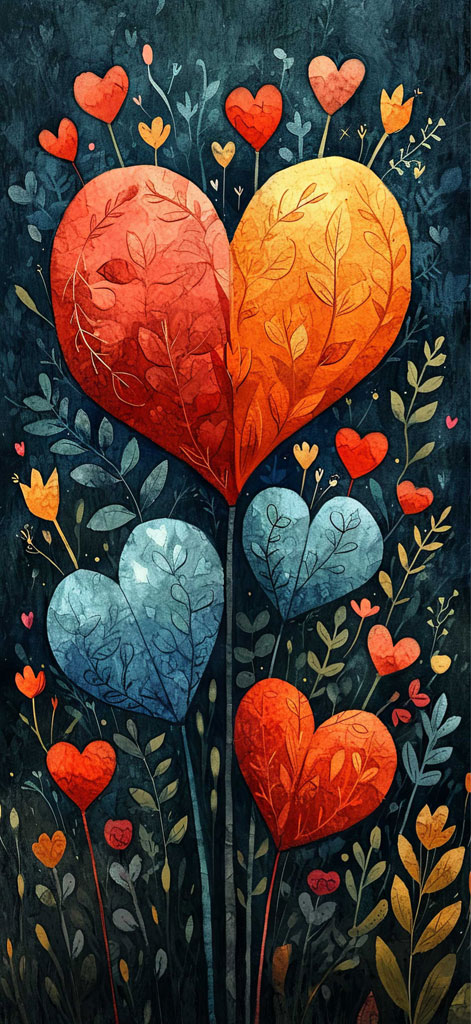 Colorful heart-shaped flowers and leaves on dark background