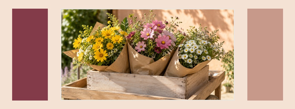 Three wrapped flower bouquets in a wooden crate with warm background and color blocks.