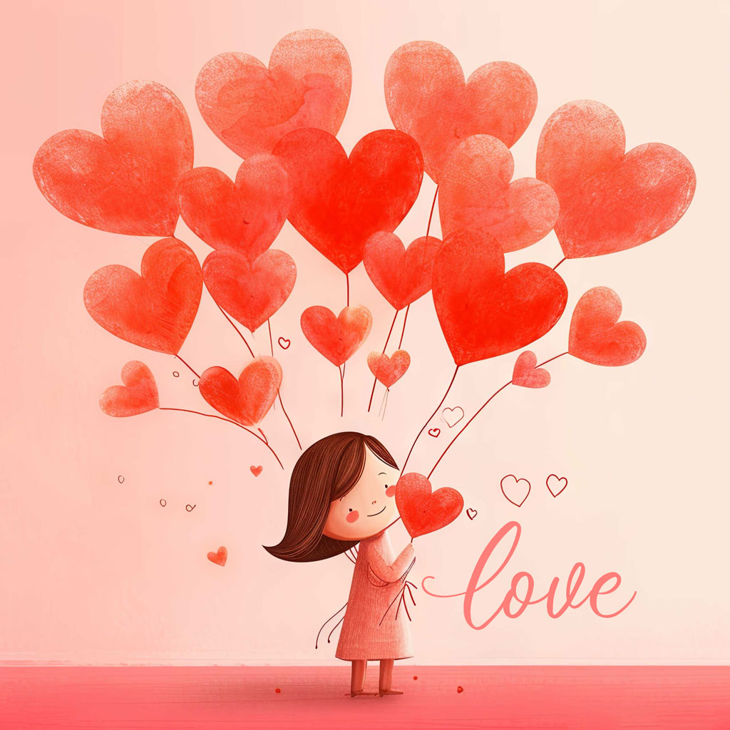 Girl holding heart balloons