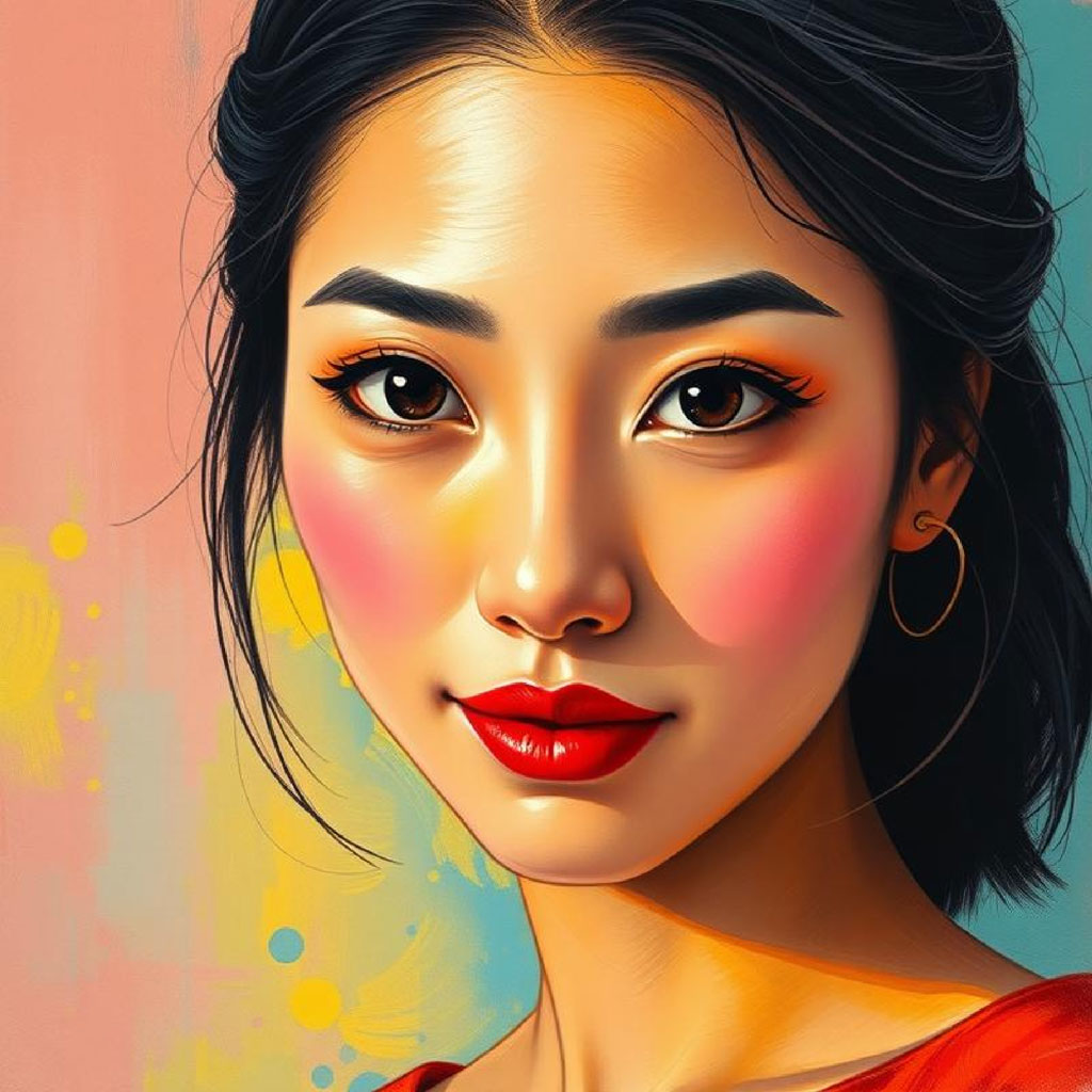 A digital painting of a woman with dark hair and red lips against a colorful background.