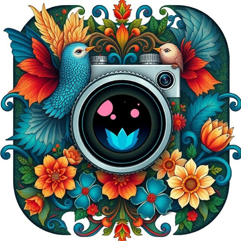 A camera lens with a smiling face surrounded by flowers and birds