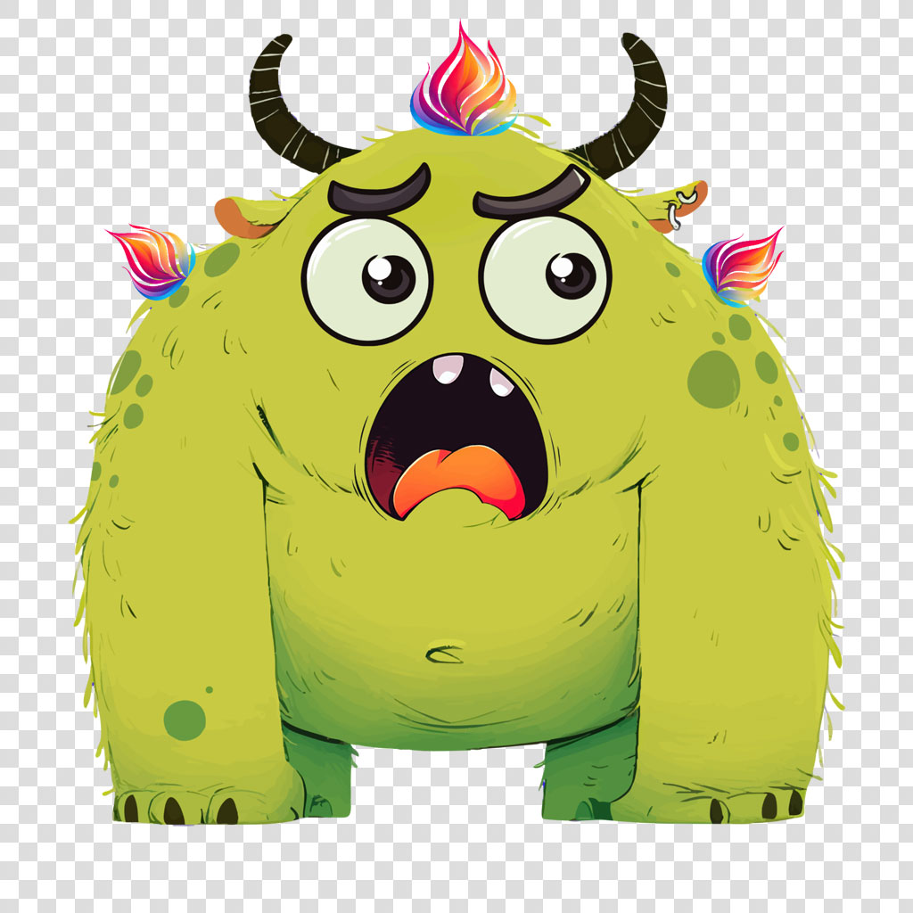 A cartoon monster with green fur, large eyes, and horns, appearing shocked or frightened.