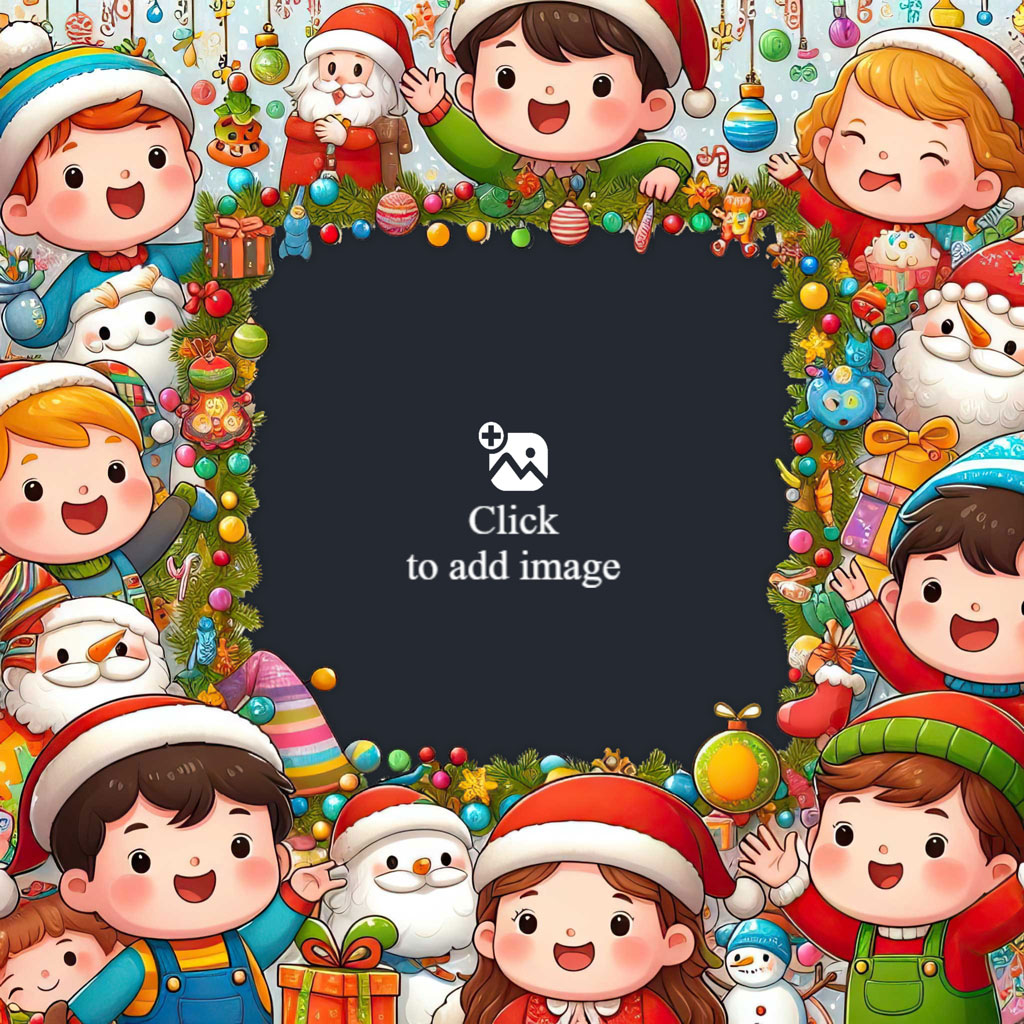 Cartoon children in Santa hats surrounding a black frame with Christmas decorations