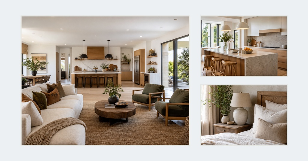 Modern real estate collage with a living room, kitchen, and bedroom interior photos.