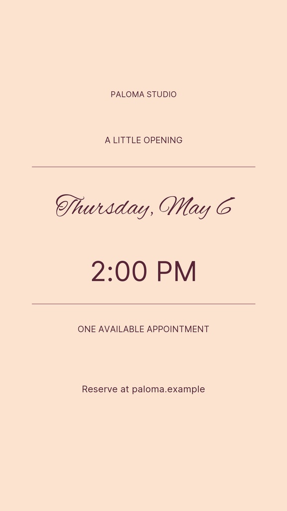 Minimal apricot Instagram story template showing Thursday, May 6 at 2:00 PM and one available appointment