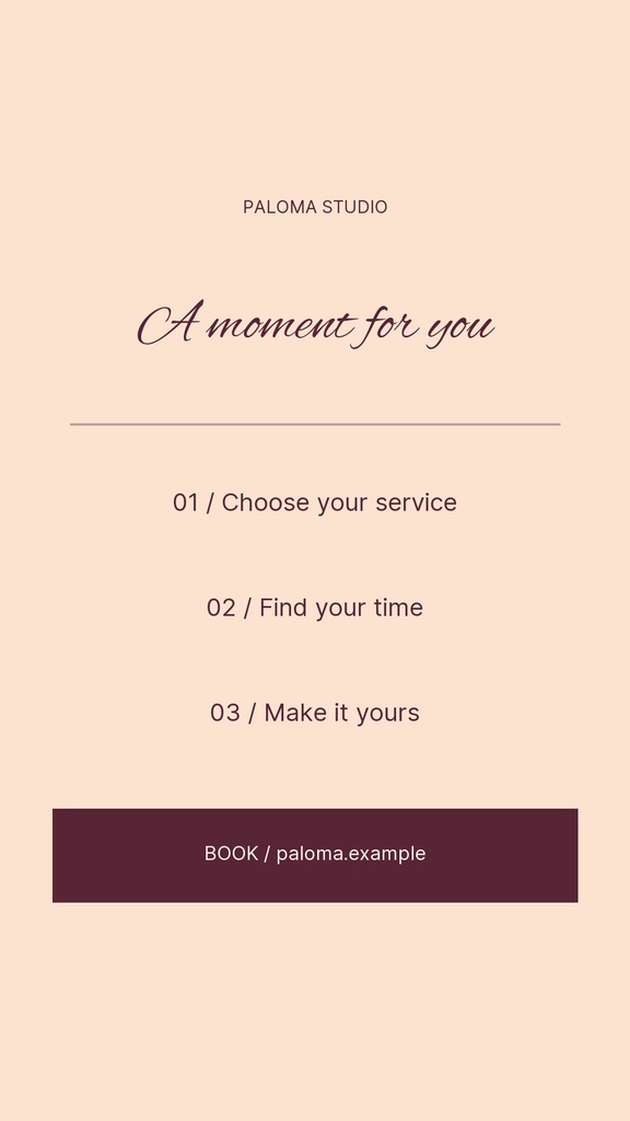 Minimal apricot Instagram Story with beauty studio text and a book button at the bottom