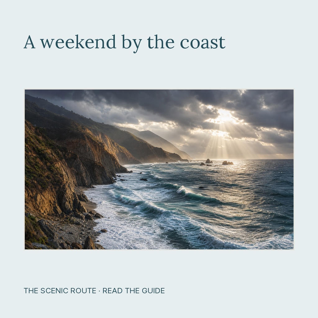 Square post with a coastal cliff photo, headline, and small guide text on a pale background.