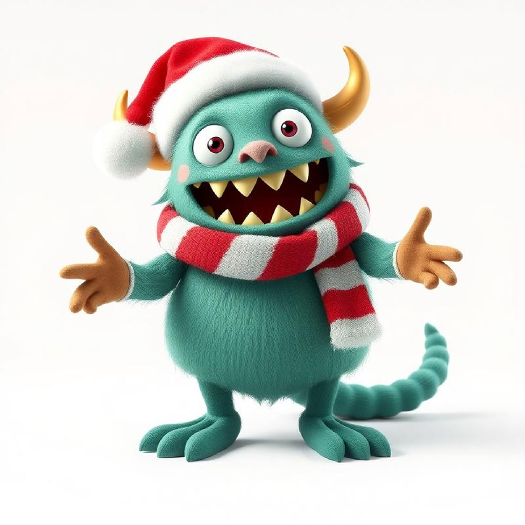 A cartoon green monster with horns and sharp teeth, dressed in a Santa hat and red and white striped scarf.