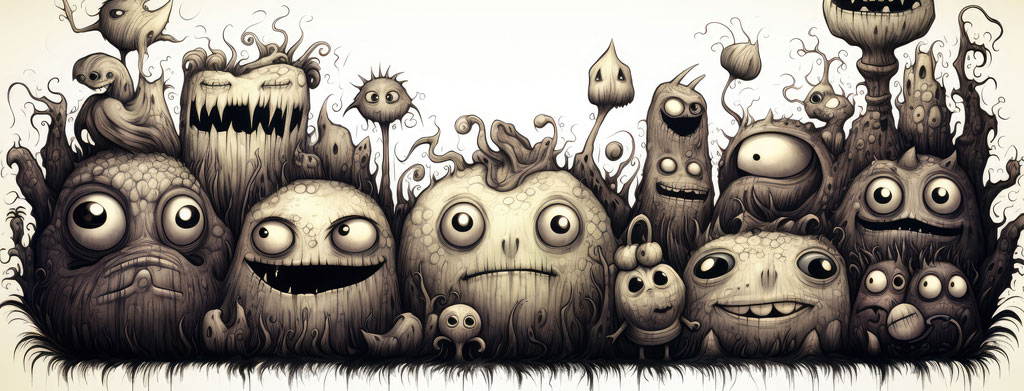 A black and white illustration of various whimsical creatures