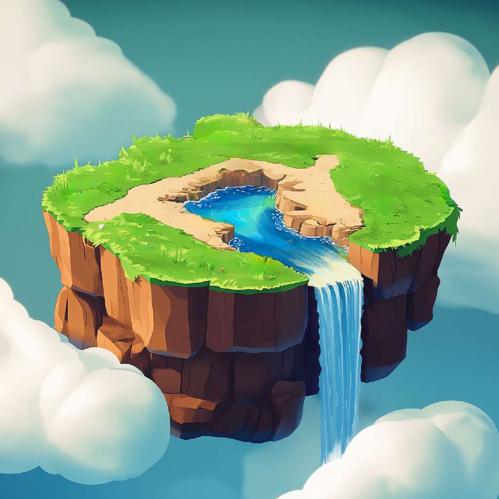 A cartoon illustration of a floating island with a lake and waterfall.