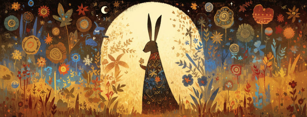 Illustration of a hare in a floral landscape with a full moon