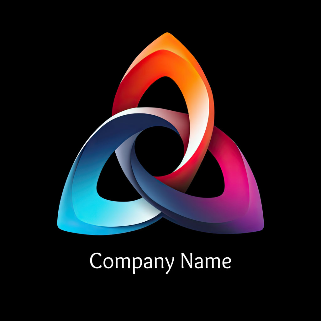 A stylized logo with three interconnected, teardrop-shaped elements in a gradient of blue, red, and purple hues.