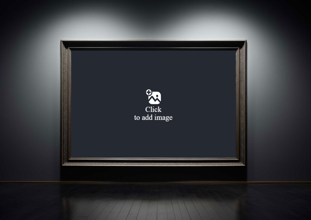 Large ornate picture frame on a dark wall with spotlight