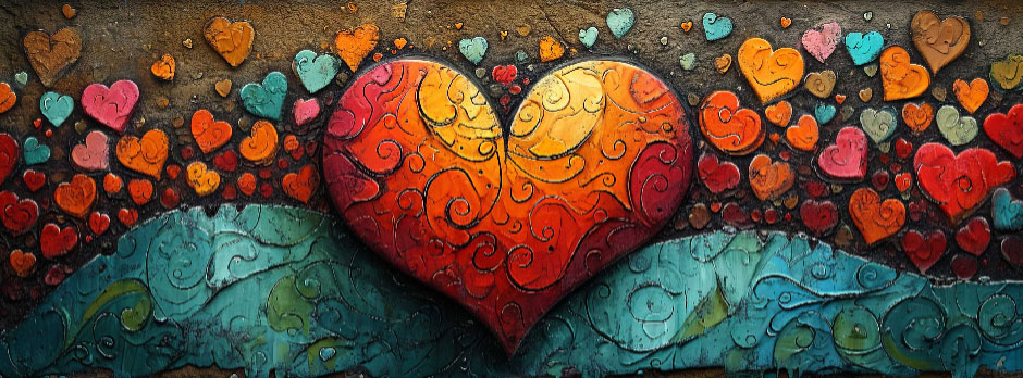 A large red and orange heart with intricate details, surrounded by smaller hearts of various colors.
