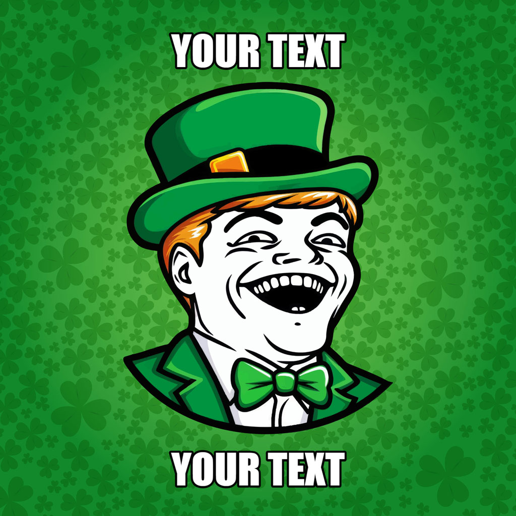 Cartoon leprechaun with a green hat and bow tie on a shamrock background