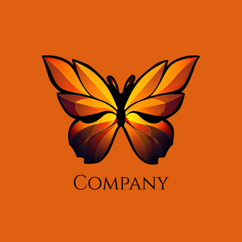 Stylized butterfly logo on an orange background
