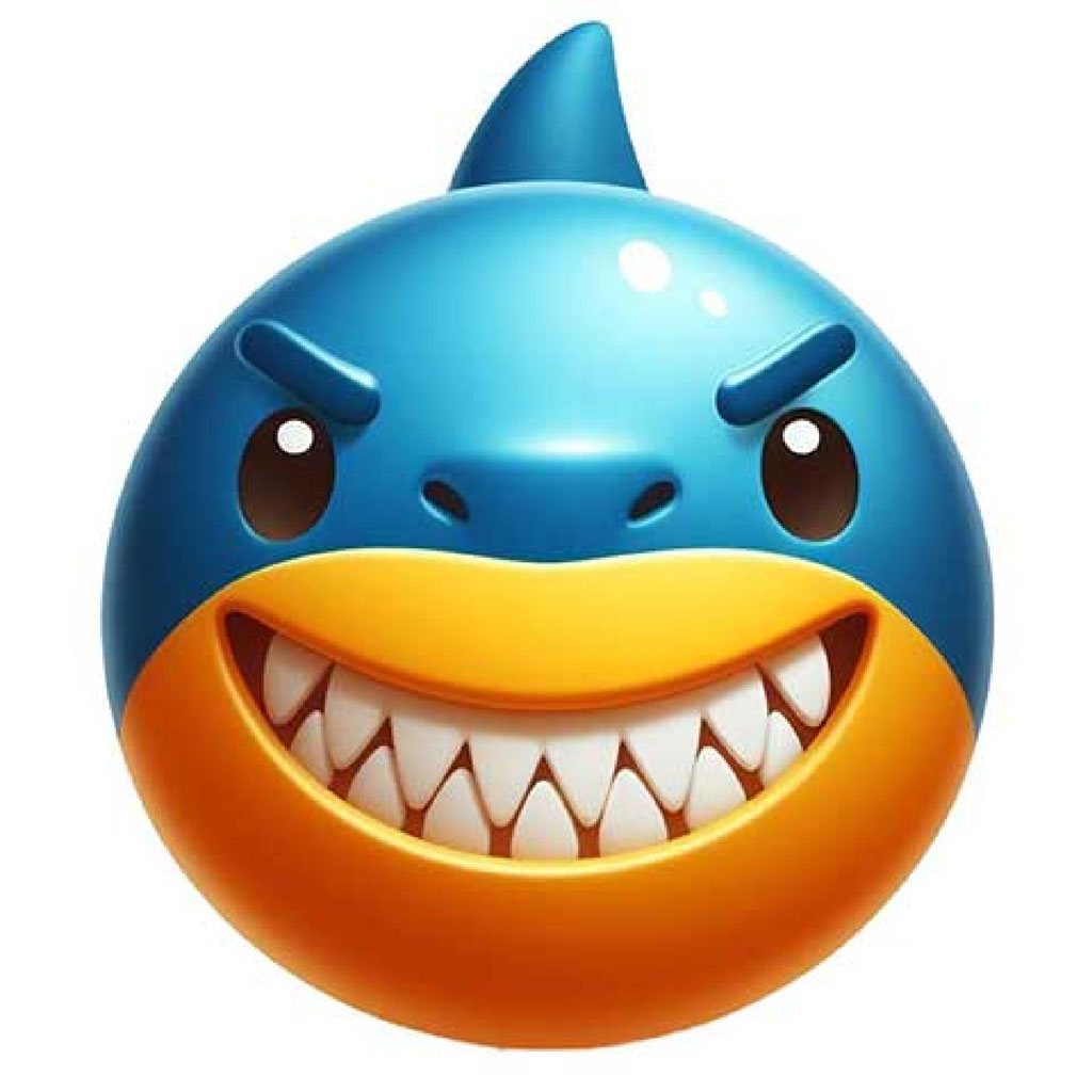 A blue cartoon shark figurine with large eyes and a wide smile