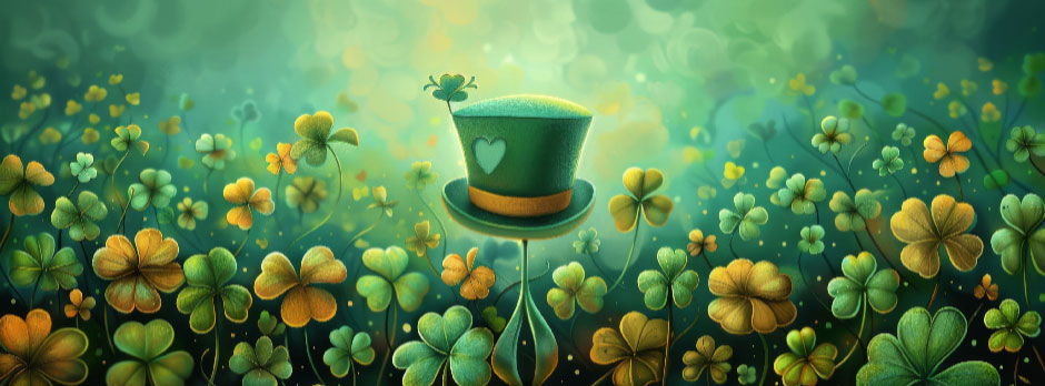 Green top hat with heart emblem in a field of shamrocks and flowers
