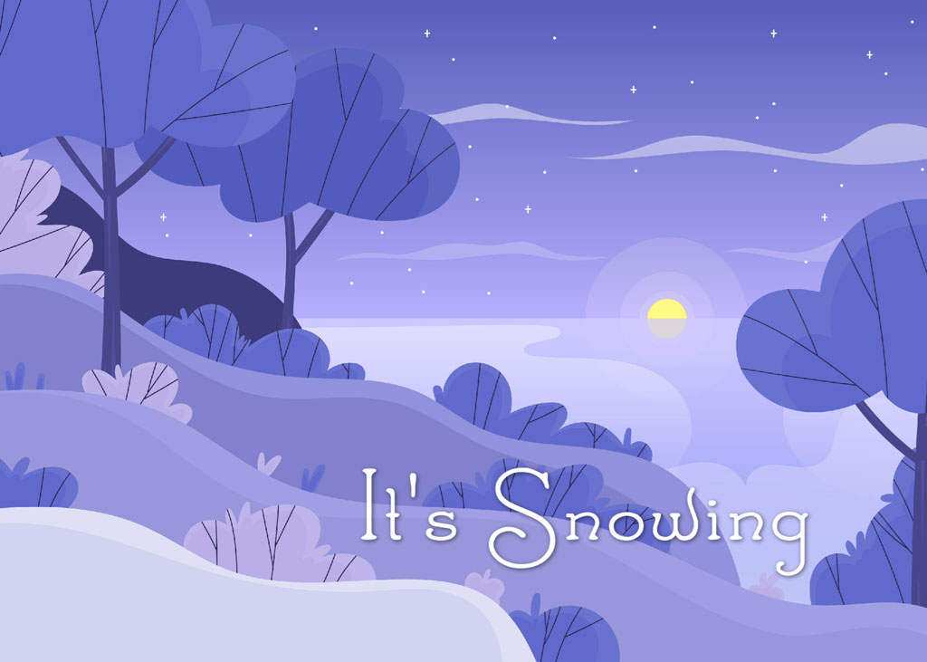 A cartoon winter scene with snow-covered ground and trees, and a yellow moon in the distance.