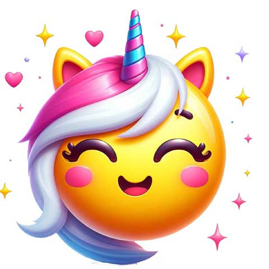 A white cartoon unicorn head with a pink mane and horn