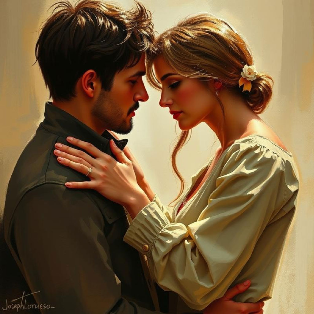 Illustration of a man and woman in a tender embrace, with their faces close together.