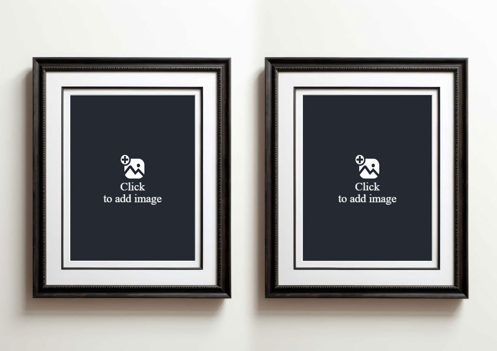 Two identical black picture frames with white matting on a white wall
