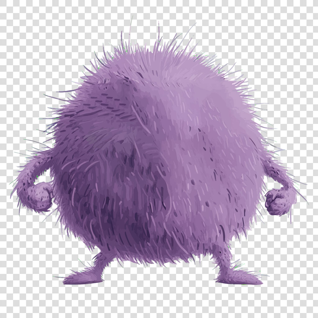 A purple, fuzzy creature with a round body and spiky texture.