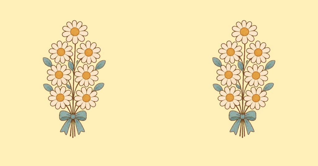 Two daisy bouquets tied with blue ribbons on a pale yellow background.