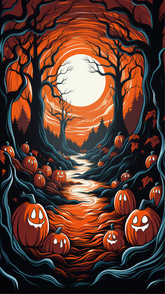 An illustration of a dark forest with twisted trees and numerous jack-o'-lanterns under a bright full moon.