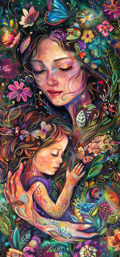 Colorful depiction of a mother embracing her child amidst flowers and butterflies