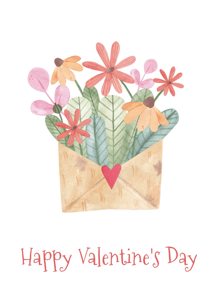 Watercolor flowers in an envelope with a heart