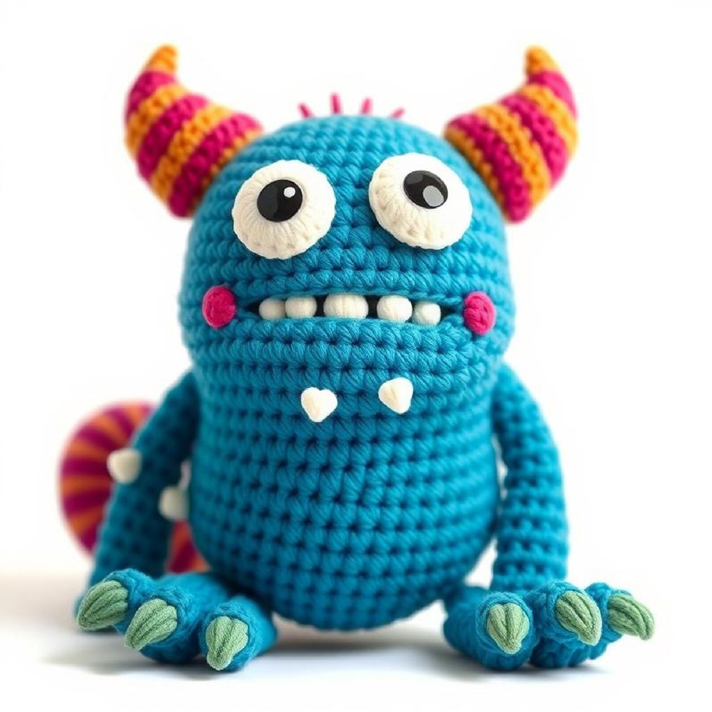 Blue crochet monster toy with pink and yellow horns