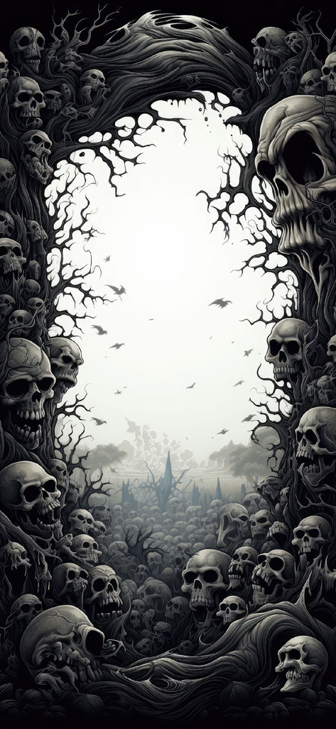 A black and white illustration of a landscape filled with skulls and dark fantasy elements