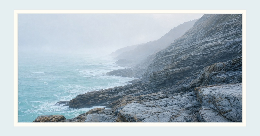 Foggy coastal cliffs beside a calm blue ocean and rocky shoreline.
