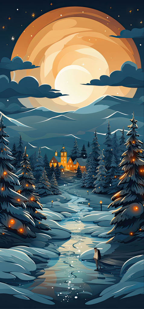 Illustration of a snowy village at night with a large moon