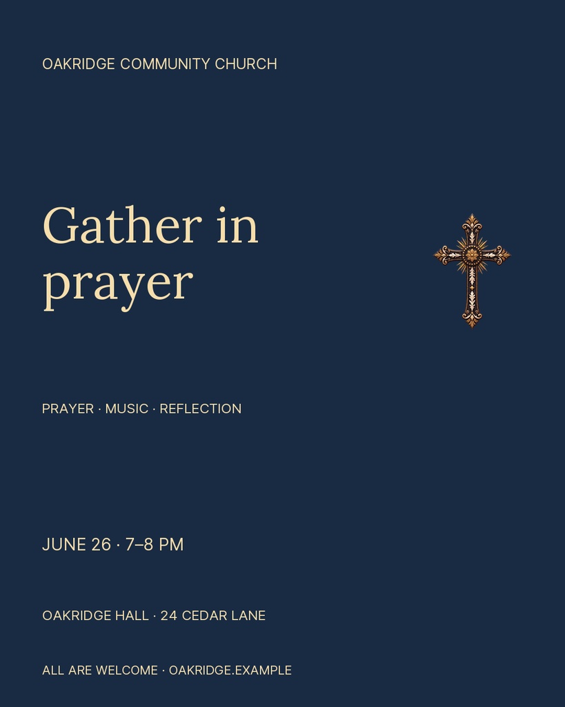Portrait church event post with navy background, gold text, and a decorative cross.