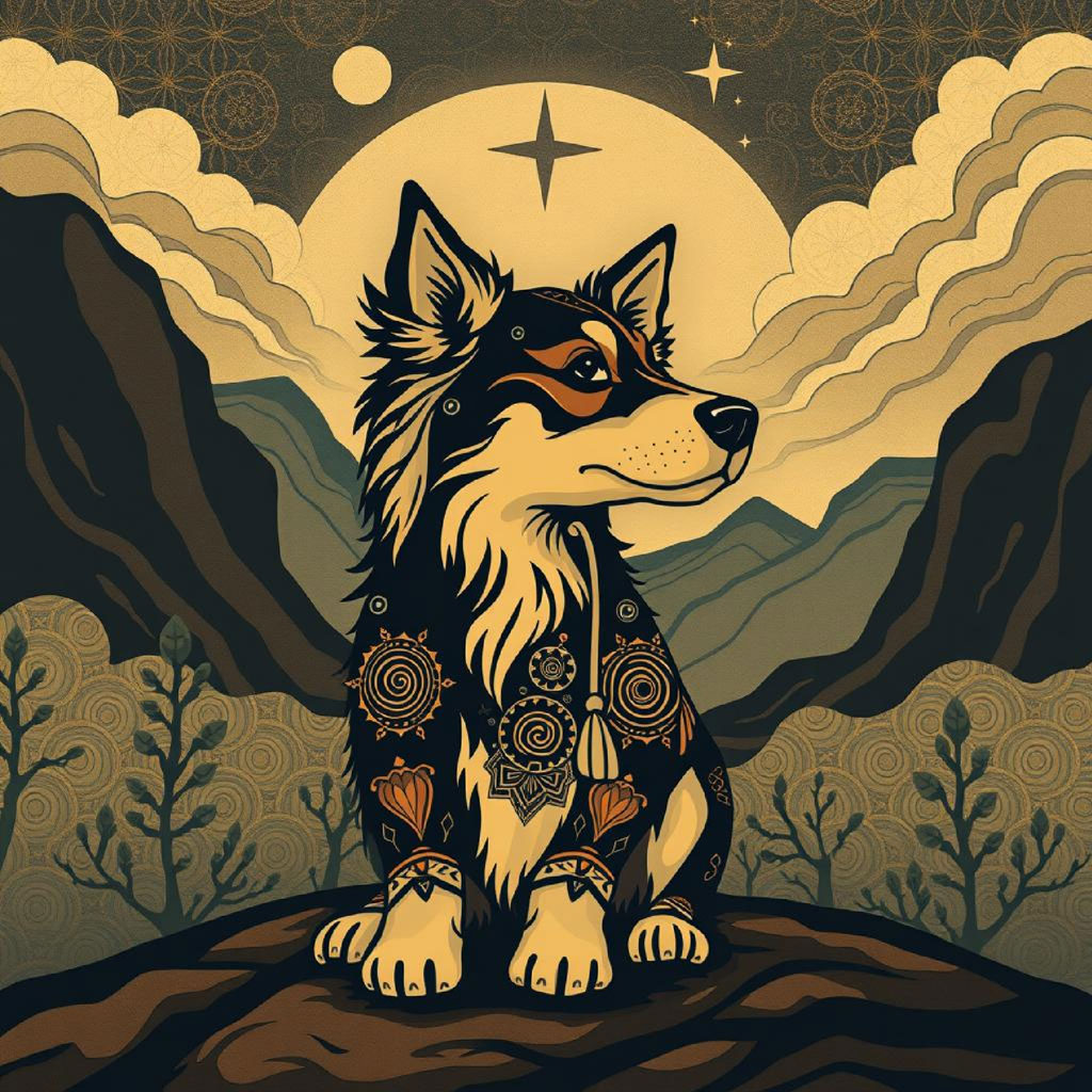 Ornate sun symbol with black and gold patterns